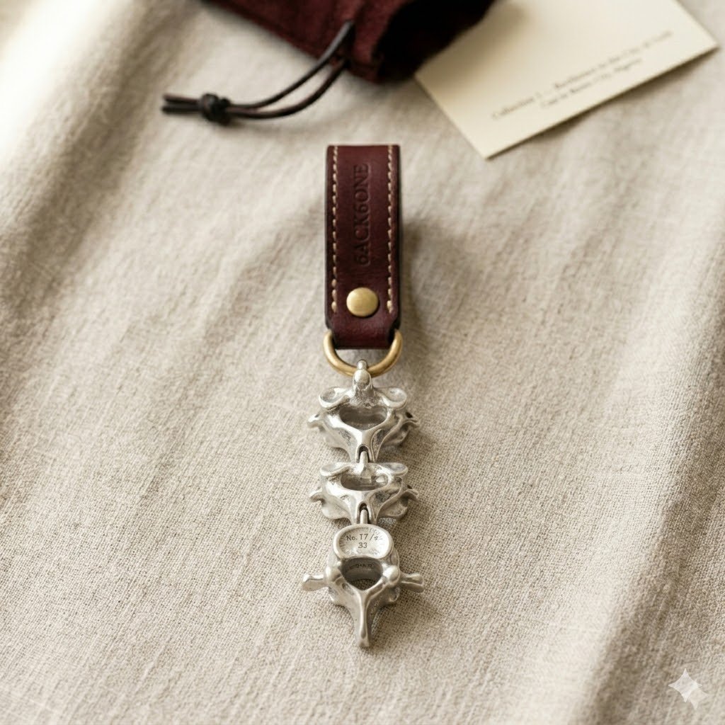 6ACK6ONE silver vertebra keychain flat lay